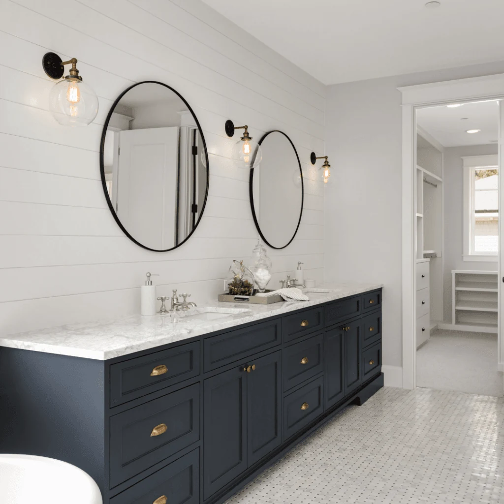 Bathroom vanity with tiled walls and floor